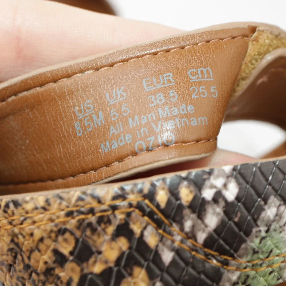 Franco Sarto Womens Ozio Sandals Size 8.5 Brown Snake Cork Wedge Platform Shoes